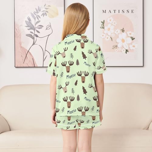 Cute Night Moose Green Summer Satin Pajama Set, Cute Button-Down Sleepwear Pj Set for Sleep Wears4