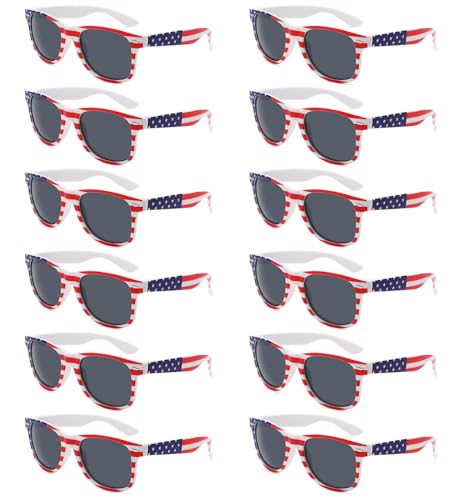 QYVEWY 12 Pack American Flag Sunglasses Bulk for Adult Classic Patriot 4th of July Glasses UV400 Protection (12White frame)