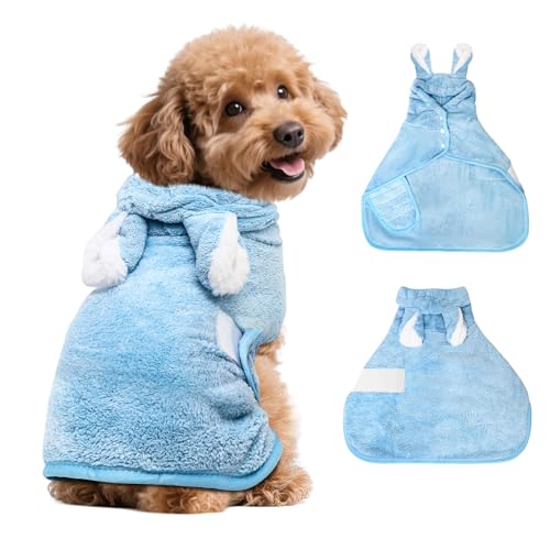 Votoko Hundebademantel, Bademantel Hund Extra Saugfähig mit Klettverschluss, Schaltflächen Hundetrockenmantel mit Hut für Kleine Hunde und Mittelgroße (S, Blau)