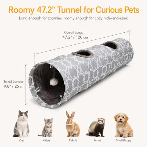 Image of Geometric Straight Cat Tunnel with Plush Inside,Cats Toys Collapsible Tunnel Tube with Balls, for Rabbits, Kittens, Ferrets,Puppy, Diameter 9.8 Inch