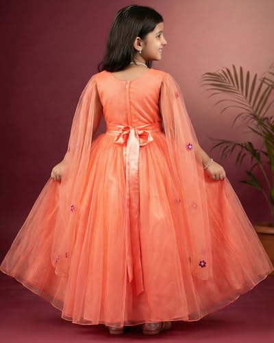 Image of Stanwells Kids Dress for Girls Embroiderd Full Length Frock for Baby Girls Flower Gown Ruffle Pattern Back Zipper Beautiful Sleeveless Birthday Dress for Girls Coral (1-9 Years)
