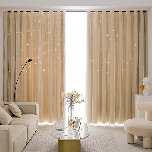 Lanqinglv Star Blackout Curtains with Nets,Beige Star Panels Nursery Double Layer Window Curtains for Kids Girls Room Bedroom Living Room Decoration,2 Panels,W 52 in x L 84 in - Image 2