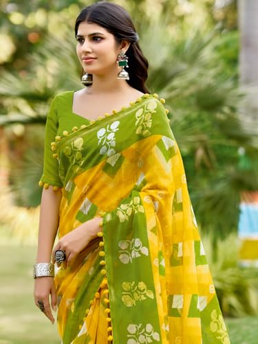 Image of AKHILAM Women's Cotton Printed Saree With Unstitched Blouse Piece