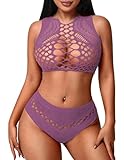 Avidlove Fishnet Lingerie Sets for Women Mesh Two Piece Lingerie Sets Bra and Panty Sets Lilac