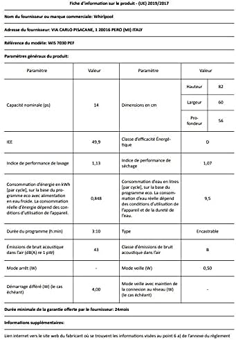 Product information sheet for Whirlpool WIS7030PEF dishwasher, detailing technical parameters like capacity, dimensions, energy efficiency, and noise level.