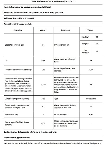 WHIRLPOOL Lave vaisselle tout intégrable 60 cm 14 couv 43 db WIS7030PEF - vue 4