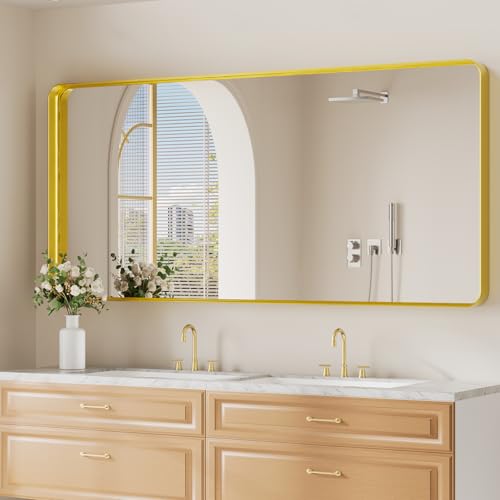 Image of Koonmi Gold Bathroom Mirror, 30x71 Shatterproof Wall Vanity Mirror