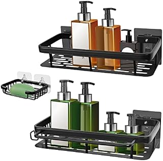 biubiubiu Shower Caddy, 3 Pack Shower Shelf with Soap Holder Self-Adhesive Bathroom Caddy No Drilling Shower Shelves Rustproof Organizer Wall Mounted Bathroom Storage Shampoo Rack, Matte Black