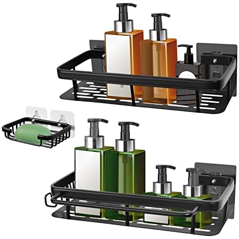 biubiubiu Shower Caddy, 3 Pack Shower Shelf with Soap Holder Self-Adhesive Bathroom Caddy No Drilling Shower Shelves Rustproof Organizer Wall Mounted Bathroom Storage Shampoo Rack, Matte Black Cover