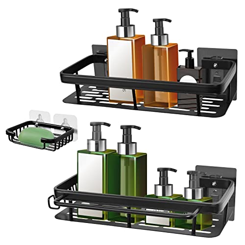 biubiubiu Lot de 3 étagères de douche avec porte-savon, étagère de bain adhésive sans perçage, étagère de rangement antirouille pour salle de bain, shampooing, noir mat Cover