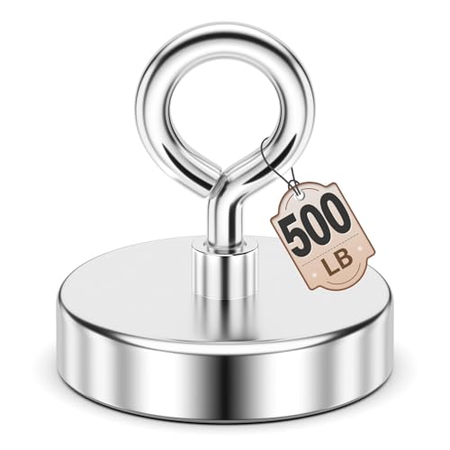FINDMAG 2.36" Fishing Magnets, 500 LBS Pulling Force Neodymium Rare Earth Magnet with Lifting Eye-Bolt, Super Strong Round Magnet for Retrieving Items in Lake, Beach, Lawn and New House, Gift for...