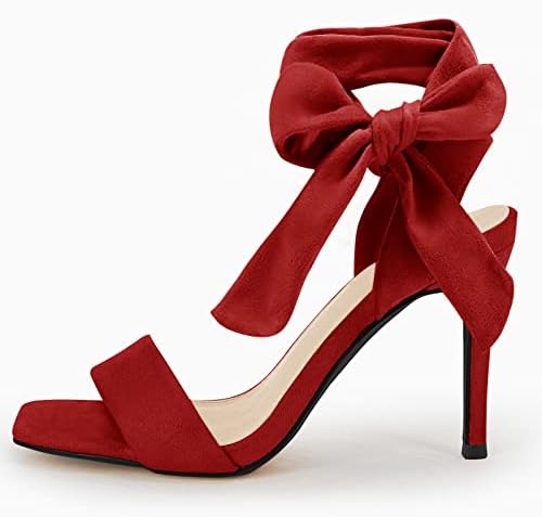 Coutgo Womens Lace Up Stiletto Heeled Sandals Suede Square Open Toe Wedding Pumps Backless Dress Shoes | Image 3