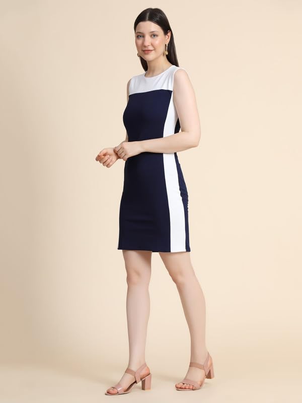 Toochki Women's Navy Blue & White Lycra Solid Bodycon Western Dress | Winter Dress | Western Dress | Latest | Trendy | Midi