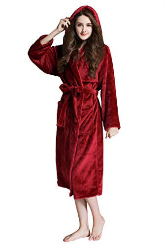 Whoyun Plush Robes for Women, Fleece Hooded Bathrobe Long Shawl Collar Soft Luxurious with Belt Side Pockets, Wine Red, Size L