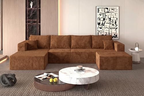Image of 138 inch Modern Modular Sectional Sofa, U-Shaped Cloud Couch, Soft Corduroy Boneless Couch with 3060 High Rebound Memory Foam, Sectional Couches for Living Room-Brown(Left Facing Chaise)