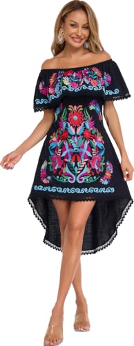 Image of YZXDORWJ Women's Mexican Asymmetrical Dress Embroidered Floral Off-Shoulder Cocktail Latina Fiesta Dress
