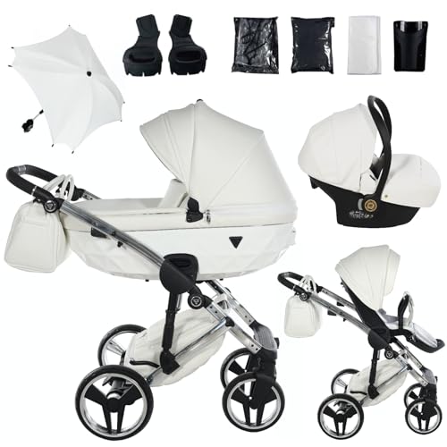 Junama Poussette Diamond Fluo Individual 15 Blanc et Argenté 2en1 3en1 4en1 avec ombrelle pare-soleil (3 en 1 avec siège auto)