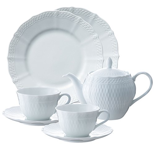 Noritake ノリタケ カップ & ソーサー ( コーヒー ティー 兼用) & プレート ( ペアセット ) ティー ポット 付き ( 茶こし付 ) カップ:215cc プレート:21.5cm ポット:510cc シェール ブラン 電子レンジ対応 食洗機対応 5個 ファインポーセレン(プレミアムホワイト) TP9534-T94823_1655_8