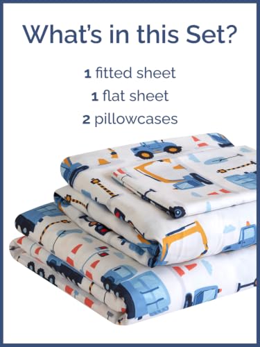 Image of Kids Full Size Truck Bed Sheets - 4 Piece Kids Truck Sheet Set - Builder Vehicle Bedding - Ultra-Soft, Cute & Cozy - Breathable & Machine Washable - Digger Bed Set for Boys, Girls, Teens & Toddlers