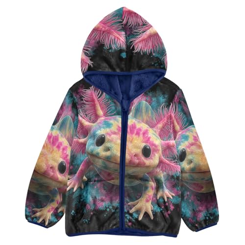 Tie Dye Colorful Axolotl Toddler Fleece Jacket Girl Boys Hooded Fleece Jacket Coat Warm Outwear Zip-up 3-10T