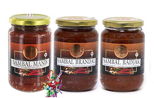 yoaxia ® - 3 Sorten Pack - [ je 1x 375g ] KONINGSVOGEL Sambal MANIS, BRANDAL, BADJAK + ein kleines Glückspüppchen - Holzpüppchen Cover