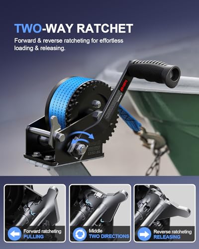 Image of Kolvoii 1200 lbs Boat Trailer Winch with Strap, Portable Hand Winch, 2-Way Ratchet 4:1 Gear Ratio for Boat, Trailer, Marine and Jet Ski, 26FT Strap, Blue