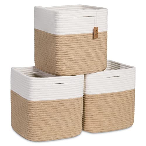 Image of NaturalCozy Storage Cubes 11 Inch Cotton Rope Woven Baskets for Organizing, 3-Pack | Cube Storage Bin | Square Storage Baskets for Shelves Organizer, Classroom, Kids Toy Bins, Closet, Baby Nursery