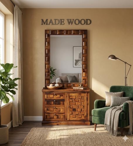 Image of MADE WOOD Solid Sheesham Wood Dressing Table with Mirror | 4 Drawer Makeup Vanity & Storage Organizer with Shelves | Bedroom & Living Room Furniture | Provincial Teak Finish