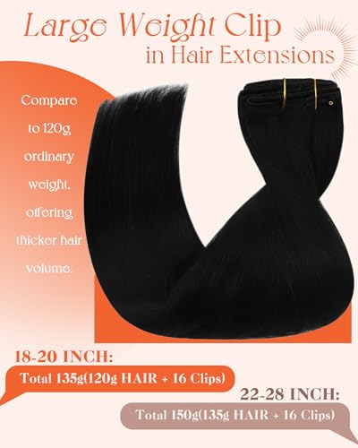 Image of Sunny Hair Clip in Hair Extensions Real Human Hair Black Women 20 Inch 135g | Clip-in Hair Extensions Jet Black add Natural Look and Full Head for Night Out Hair Soft Blend that Remains Easy to Style