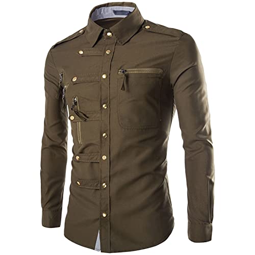 Maiyifu-GJ Men's Casual Business Dress Shirt Regular Fit Button Down Shirts Solid Slim Fit Long Sleeve Western Shirts (Armygreen,XX-Large)