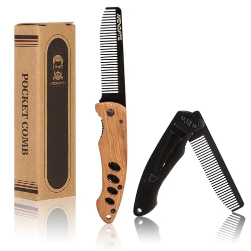 1PC Small Folding Pocket Beard & Mustache & Hair Styling Comb for Men - Metal Tactical Grooming Tool with Wooden Handle for Travel & Home Use - Idea for Stocking Stuffers - Length 6.57inch - Black