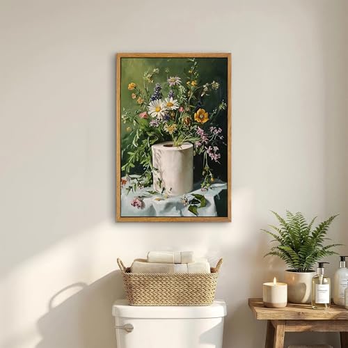 AtterrirArt Framed Funny Bathroom Wall Art, 16 * 24 Inches, Toilet Paper Floral Wall Decor, Vintage Botanical Canvas Print Poster, Green Moody Wall Art for Restroom, Toilet, Ready To Hang by AtterrirArt - Used condition - Image 2