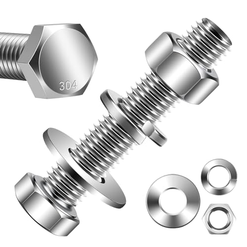 Image of Mellewell 1 /2-13 x 2-1 /2 inch Hex Head Bolts with Hex Nuts and Thick Flat & Lock Washers, Fully Threaded, Stainless Steel 18-8, Plain Finish, 4 Sets