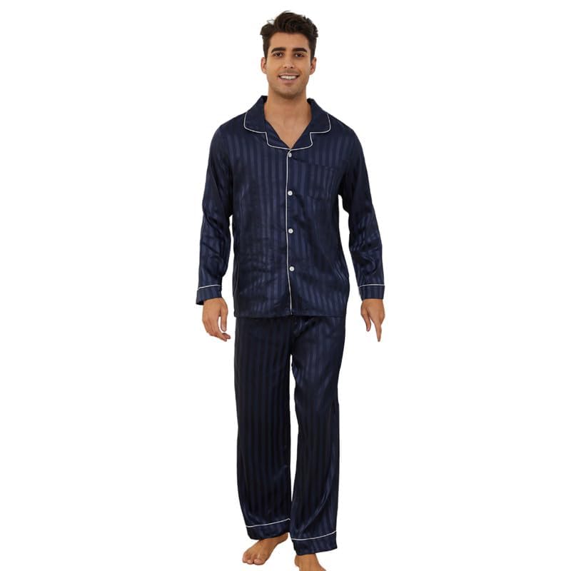 U2SKIIN Silk Pajamas for Men, Long Sleeve Men Satin Pajamas Set Striped Button Down 2-Piece Pjs Set2