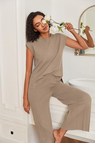 Image of Ekouaer Lounge Sets for Women Two Piece Outfits Knit Cap Sleeve Tops Wide Leg Pleated Pants Casual Dressy Sweater Sets