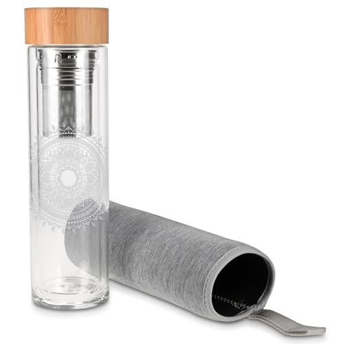 Navaris Glass Water Bottle with Tea Infuser - Double Walled Borosilicate Glass Travel Tumbler with Bamboo Lid and Non Slip Gray Neoprene Sleeve - 17oz by Navaris - Image 8