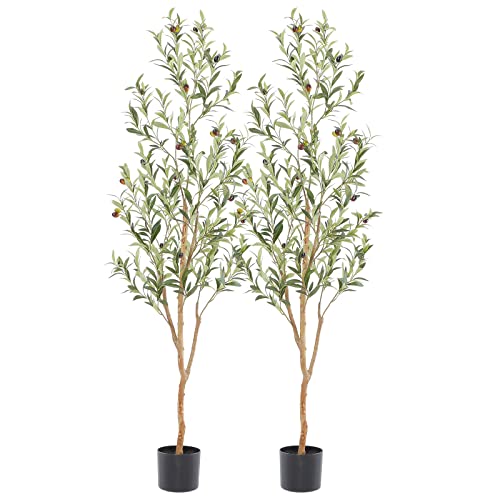 Image of Bellacat Faux Olive Tree 5ft,Olive Trees Artificial Indoor with Natural Wood Trunk and Realistic Leaves and Fruits. 5 Feet(60in) Fake Olive Tree for Home House Office Decor. 2 Pack.
