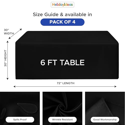 HolidayIdeas 4 Pcs Fitted Black Table Cloths for 6 Foot Rectangle Tables, Wrinkle Resistant Washable Table Covers 72x30 Inch for Vendor Booth Display, Banquet, Trade Show