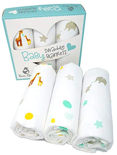 Image of Premium Baby Muslin Swaddle Blankets, 100% Cotton, Gift Box Set, 3 Pack, Girl or Boy, Gender Neutral, Elephants, Giraffes
