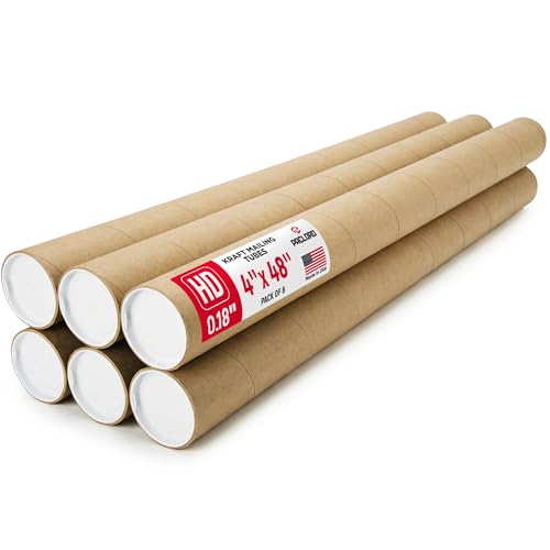Paclord 4" x 48" Heavy-Duty Reinforced Cardboard Mailing Tube, Pack of 6 Tubes with 12 Caps – Secure USPS Approved – Great for Shipping and Storing of Prints, Artwork, Posters or Documents by Paclord - Used condition - US$51.92