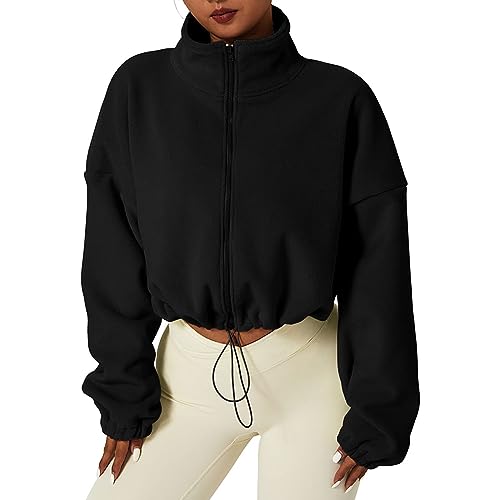 MKIUHNJ Women's Fleece Sweatshirt Full Zip Oversized Fleece Crop Jacket Winter Long Sleeve Stand Collar Training Coat Wind Jacket Wear Coat Winter, black, L MKIUHNJ Women's Fleece Sweatshirt Full Zip Oversized Fleece Crop Jacket Winter Long Sleeve Stand Collar Training Coat Wind Jacket Wear Coat Winter, black, L