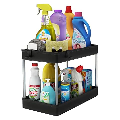 Under Sink Organizer, 2 Tier Bathroom Organizer with 4 Hooks, Multi-purpose Under Sink Storage, Countertop Storage Shelf Holder, Kitchen Spice Rack, Under Sink Storage for Bathroom Kitchen, Black Cover