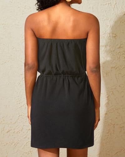 Pinup Fashion Swimsuit Cover Up Terry Cloth Strapless Dress Drawstring with Pockets2