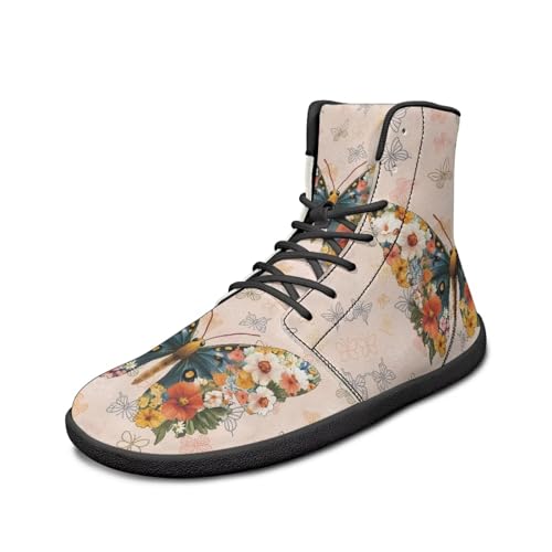 Binienty Beige PU Leather Shoes Men Women Butterfly Boho Floral Fashion Non Slip Barefoot Shoes Cozy Lace up High Top Sneakers Lightweight for Walking Hiking, US 6.5