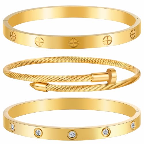 Camhanno Gold Bracelets for Women - Stackable Bangles with Love & Friendship Theme - Stainless Steel Jewelry Gift for Her