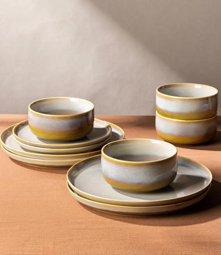 Image of TheTerra Ceramic Dinnerware Sets for 8, 24 Pieces Handmade Reactive Glaze Plates and Bowls Set, Scratch Resistant Dish Set, Oven & Microwave & Dishwasher Safe, Autumn Haze