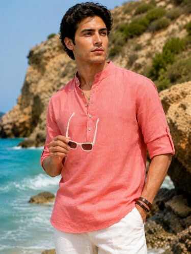 Image of Majestic Man Men's Pure Cotton Solid Mandarin Collar Slim Fit Roll-Up Sleeves Short Kurta Lightweight Summer Kurta for Daily & Occasion Use