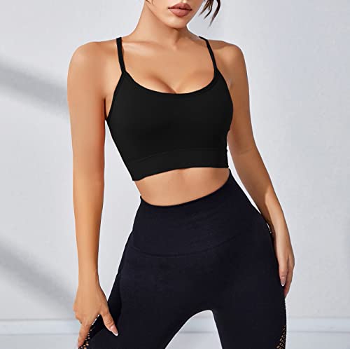 Picpunmak Yoga Sport Bras For Women Criss-Cross Open Back Strappy Padded Medium Support Bras Solid Slim Crop Top Cami Tank Black #TOP1