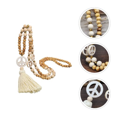 DEARMAMY Halskette Mit Quaste Und Holzperlen Friedenszeichen Anhänger Für Damen Boho Stil Ideal Layering Kette Perfekte Geschenkidee Für Frauen Zarte üßwasserperlen Und Charmante