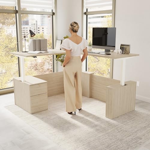 Image of Bush Business Furniture 72-inch Height Adjustable L Shaped Standing Desk with File Cabinet, Ergonomic Sit-Stand Computer Table for Office, Stratus Collection, Natural Elm with White Base